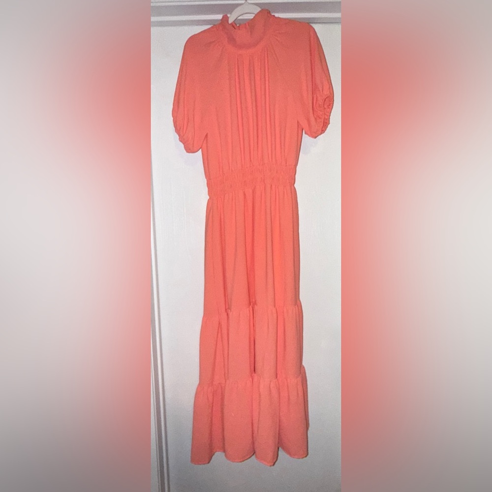 Ces Femme Maxi Vibrant Coral Apricot colored multi tiered Midi Dress SMALL NWOT